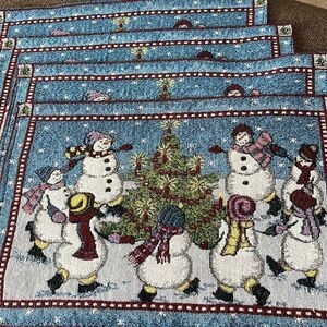 Set (4) Tapestry Design Rectangle Placemats  Snowmen Dancing with Christmas Tree